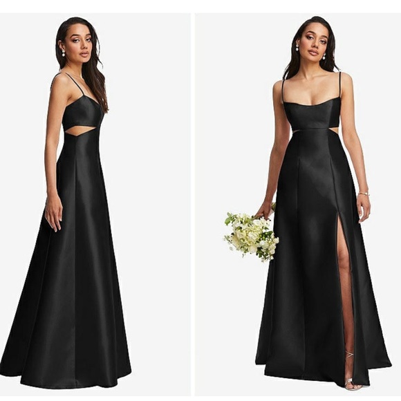 ALFRED SUNG Open Neckline Cutout Satin Twill A-line Black Gown with Pockets NWT - Picture 2 of 13